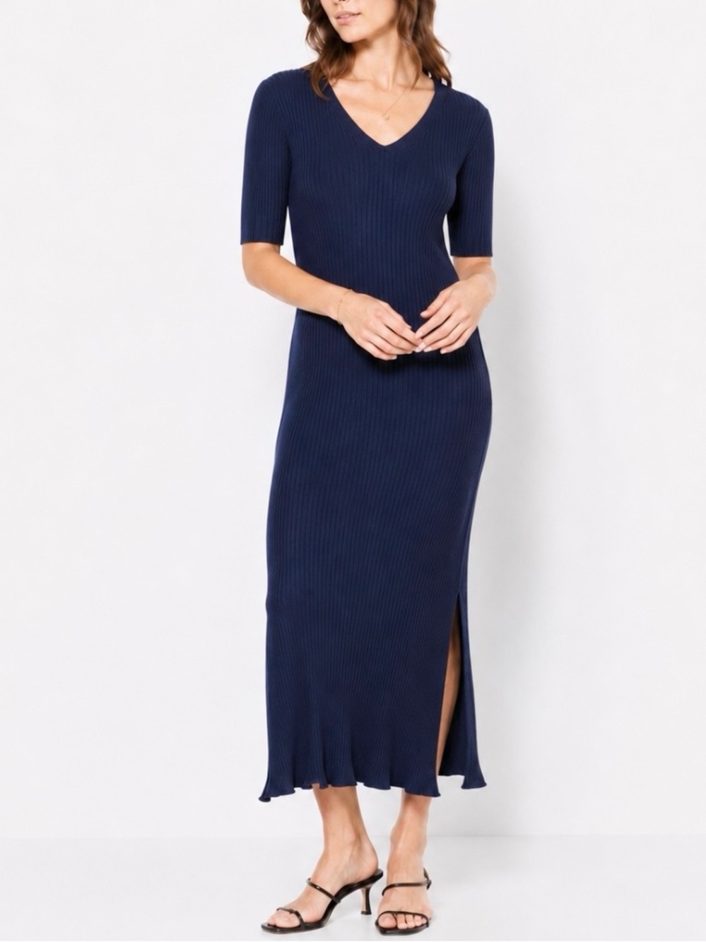 Eileen Fisher Navy Tencel Stretch Ribbed Column Midi Dress Minimalist Capsule XS